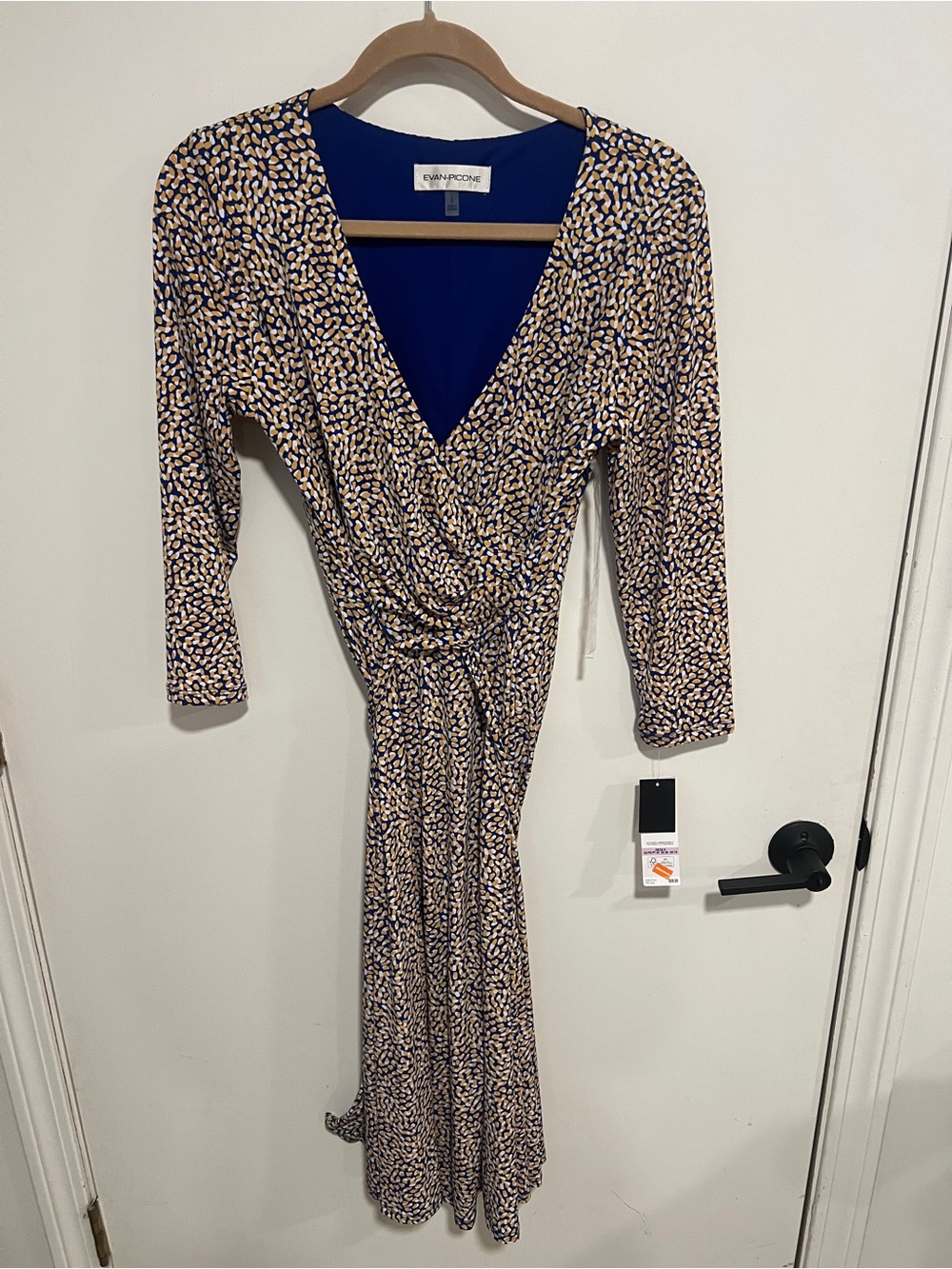 Evan Picone Navy Mustard and Cream Faux-Wrap Long Sleeve Dress